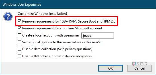 Screenshot of installation customization options in Rufus, with the requirements for 4GB of RAM, Secure Boot, and TPM 2.0 removed