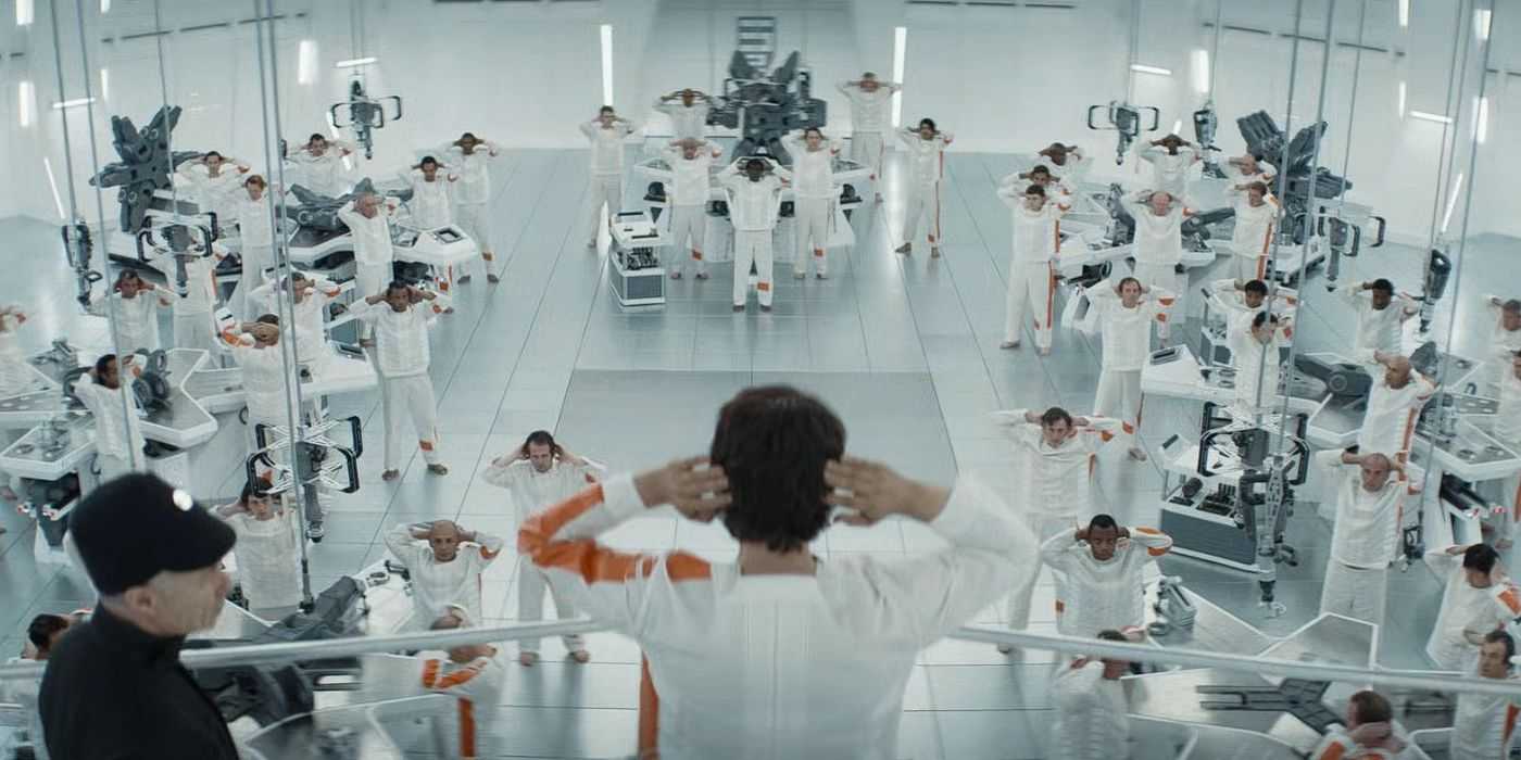 Characters with their hands behind their heads in Andor's Narkina 5 prison