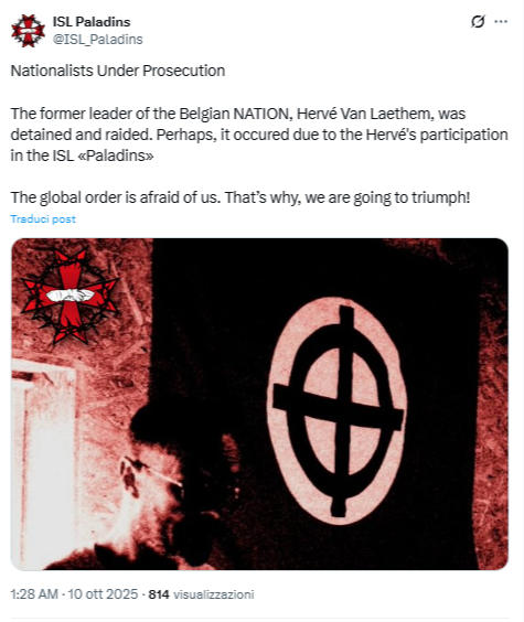 Il post X di solidarietà della ISL per il belga Hervé Van Laethem (anche via Telegram )