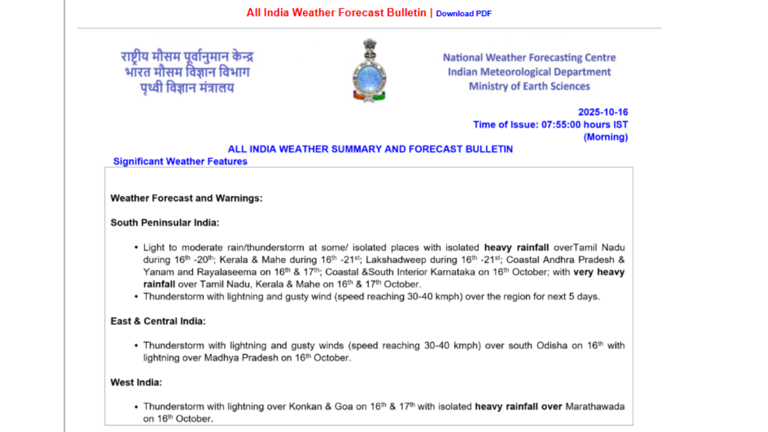 IMD issues weather warnings across India amid forecast of heavy rain, thunderstorms, and gusty winds