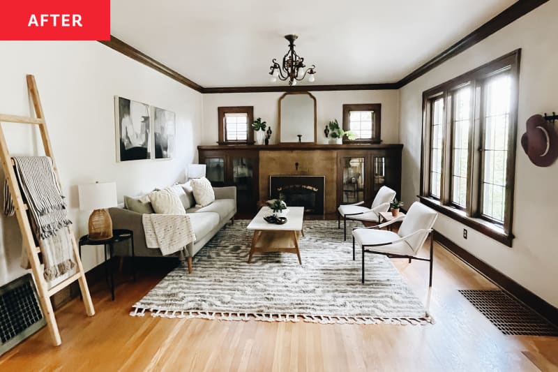 staged parlor with pale neutral furniture and rug, and lot's of textured fabric accents