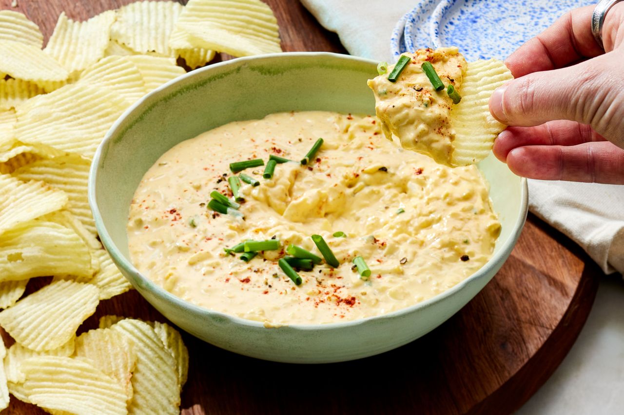 Southern Living Deviled Egg Dip in the bowl to serve