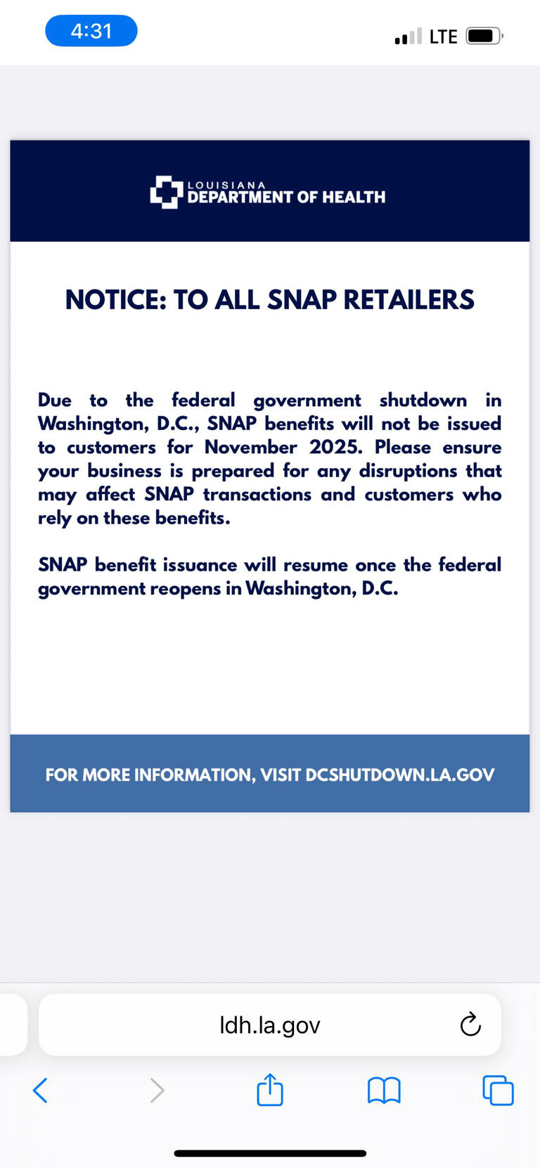 Louisiana SNAP benefits suspended due to government shutdown