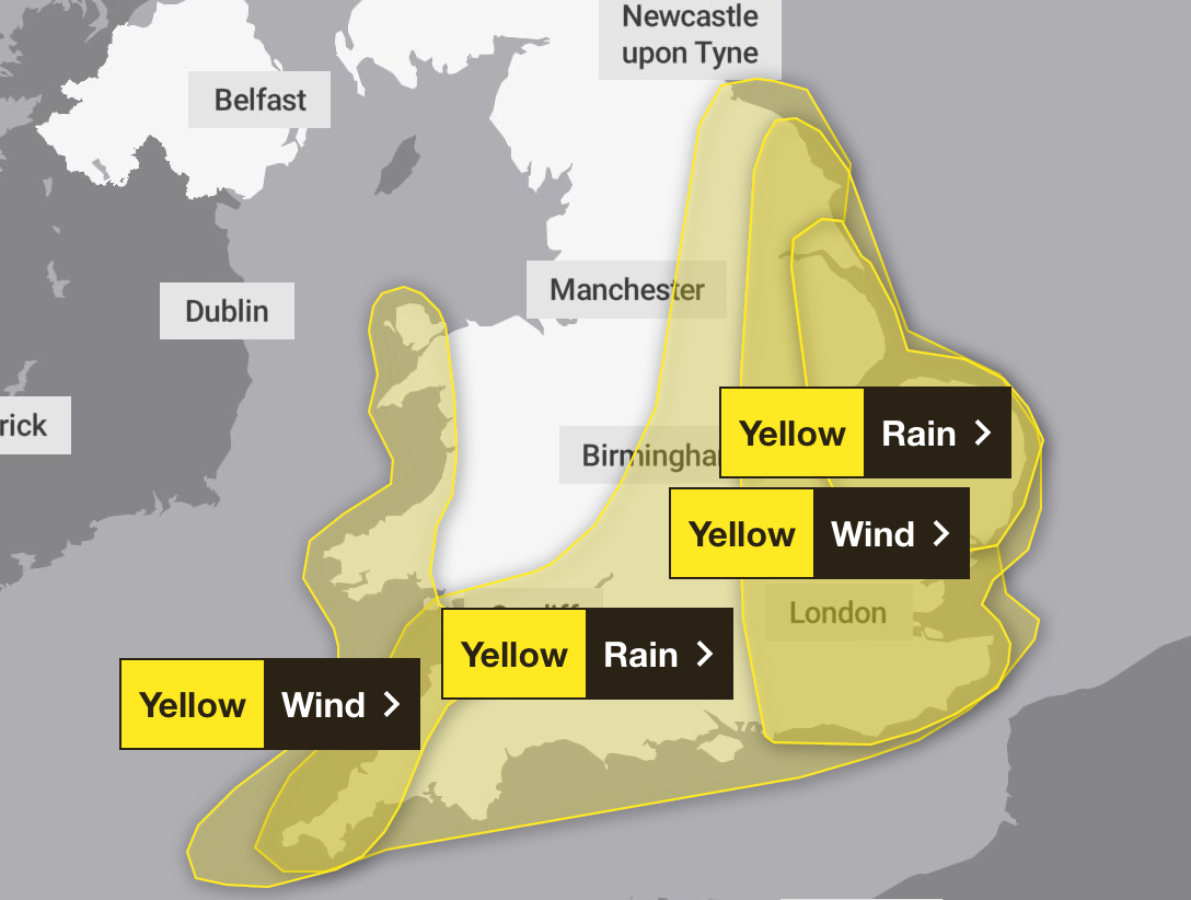 Storm Benjamin map shows Met Office warnings for 75mph winds and rain