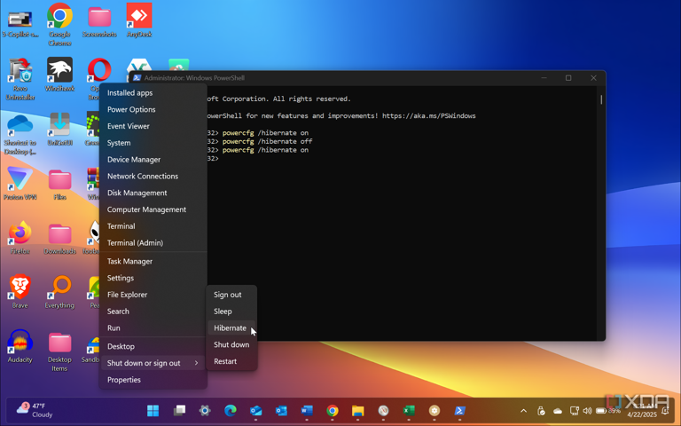Shows Hibernate mode enabled in power user menu on Windows 11