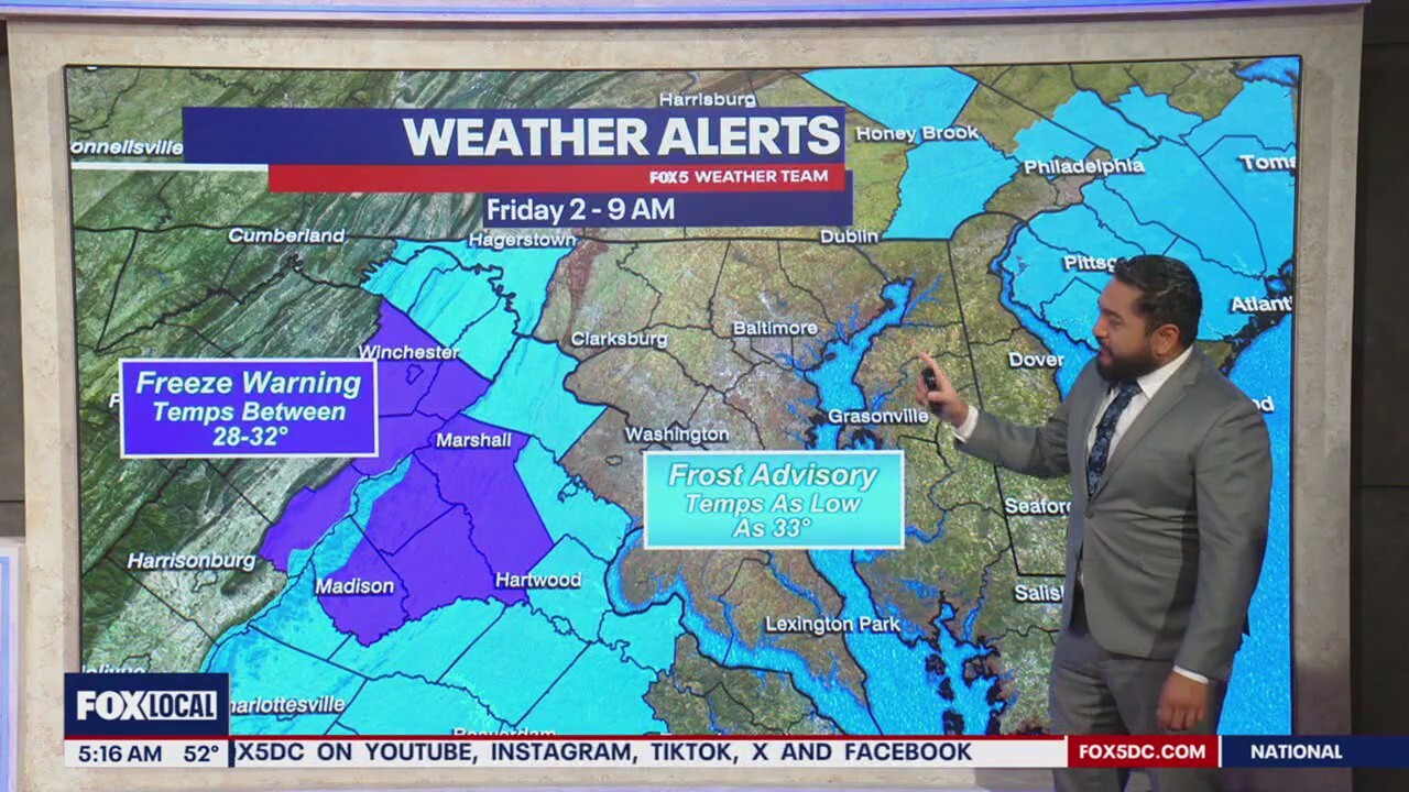 Freeze Warnings, Frost Advisories issued for parts of MD & VA