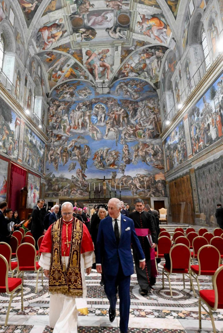 Britain's King Charles III and Pope Leo XIV leave the Sistine Chapel at the Vatican after a joint prayer on the theme 'Care for Creation', 23 Oct 2025 Vatican Media via AP Photo