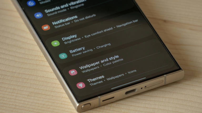 Settings menu of a Samsung galaxy phone in dark mode on a wooden table