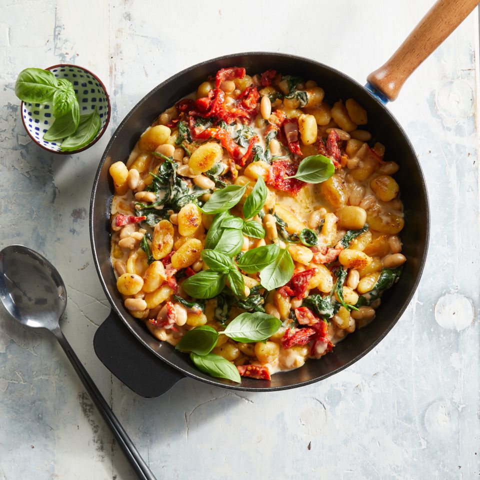 White Bean & Sun-Dried Tomato Gnocchi in a skillet