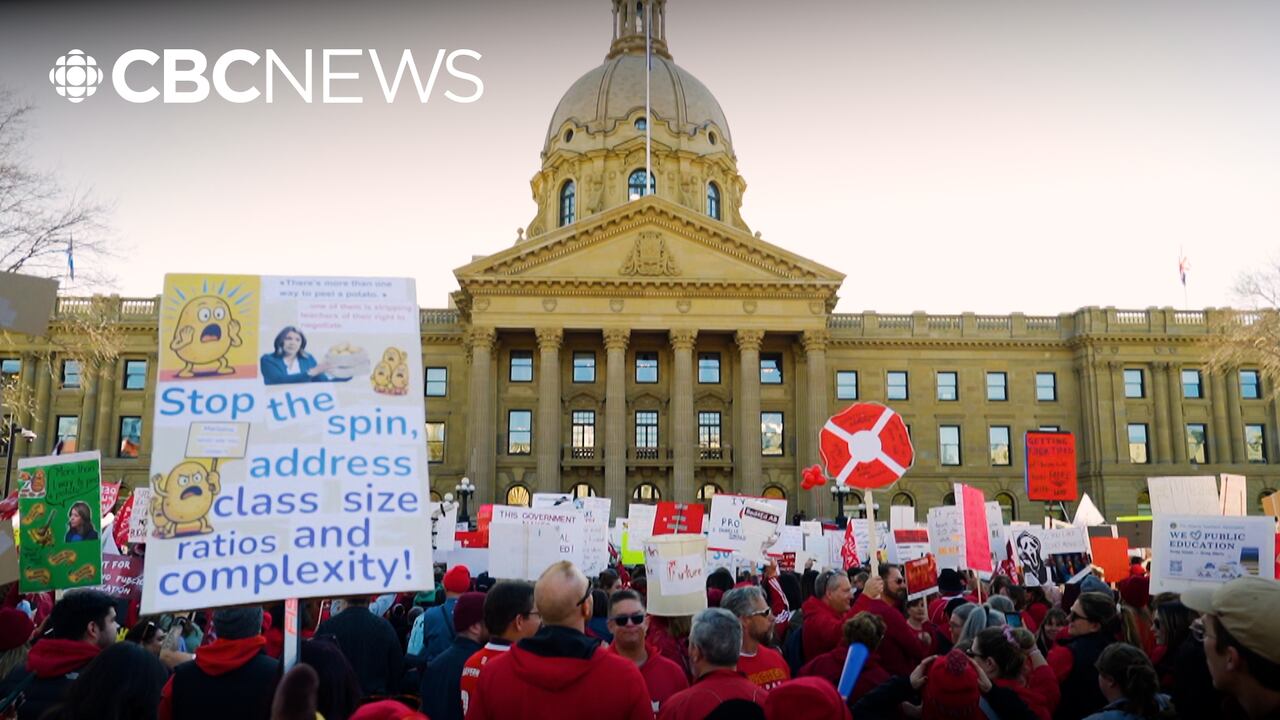 Striking teachers hold large rally outside Alberta legislature