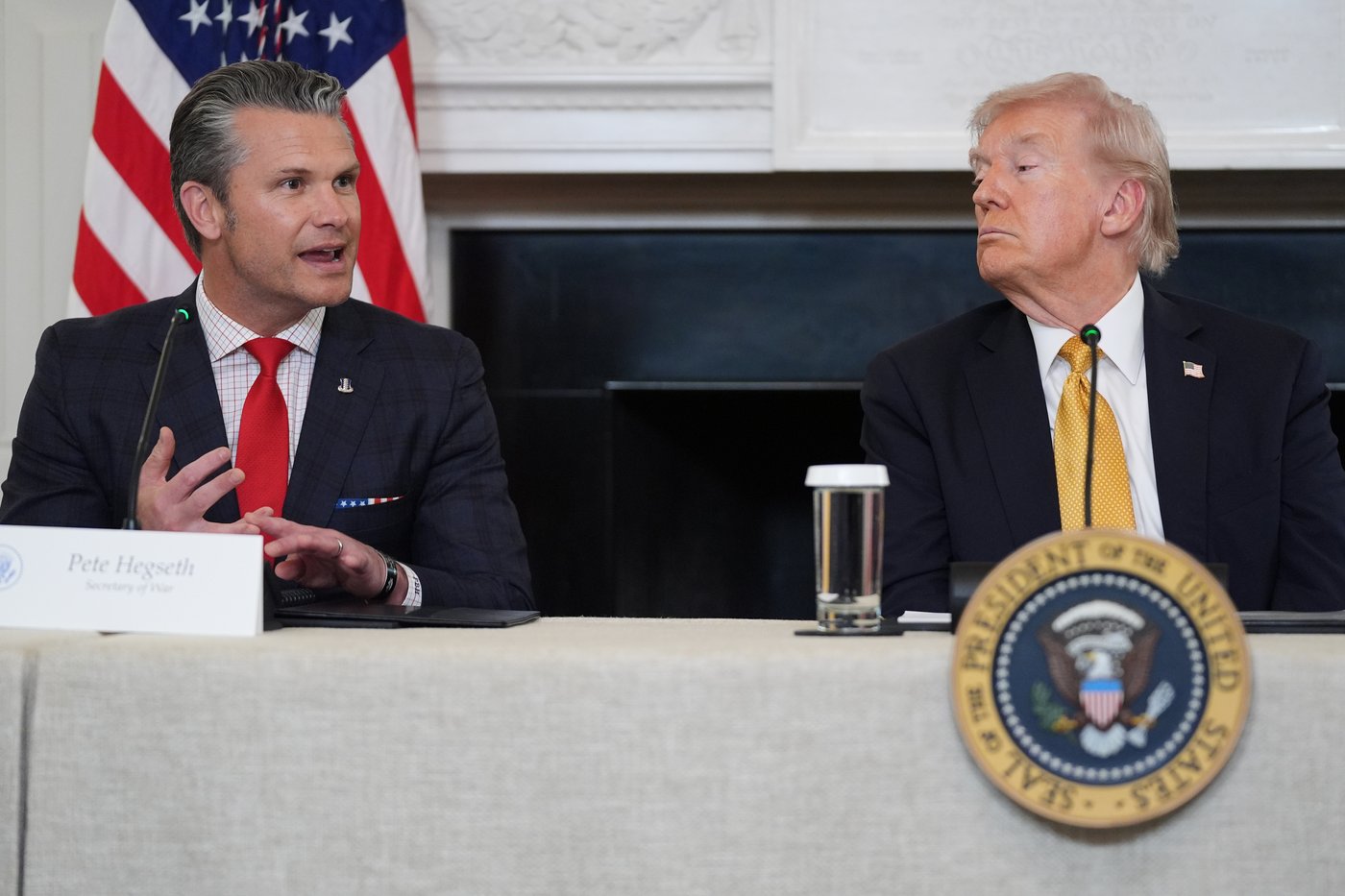Defense Secretary Pete Hegseth speaks during a roundtable on criminal cartels with President Donald Trump in the State Dining Room of the White House, Thursday, Oct. 23, 2025, in Washington. (AP Photo/Evan Vucci)