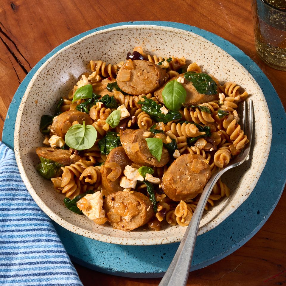 an image of the One-Pot Spinach, Chicken Sausage & Feta Pasta