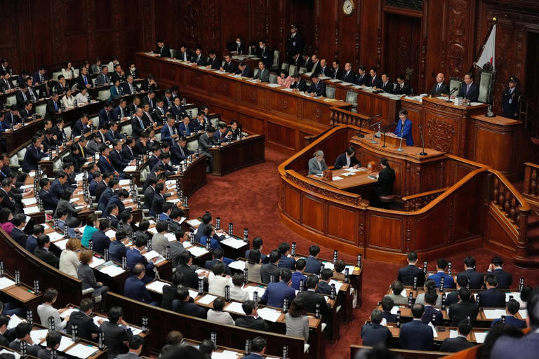 Japan's Prime Minister Sanae Takaichi delivers a policy speech at the extraordinary session of parliament's lower house Friday, Oct. 24, 2025, in Tokyo. (AP Photo/Eugene Hoshiko)