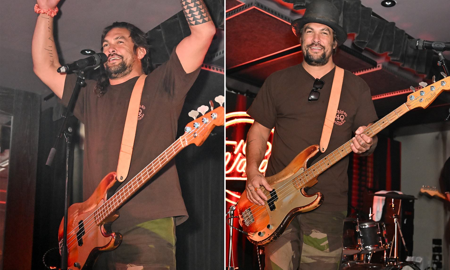 Jason Momoa takes to the stage in London as he plays bass guitar with ...
