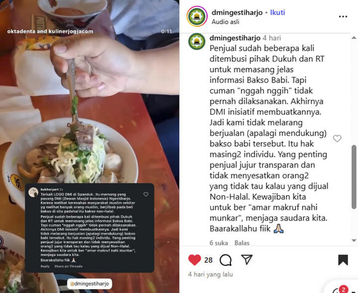 Viral pedagang bakso di Yogyakarta dipasangi spanduk bertuliskan 'bakso babi' oleh Dewan Masjid Indonesia (DMI) Ngestiharjo. Foto: Instagram/ @dmingestiharjo