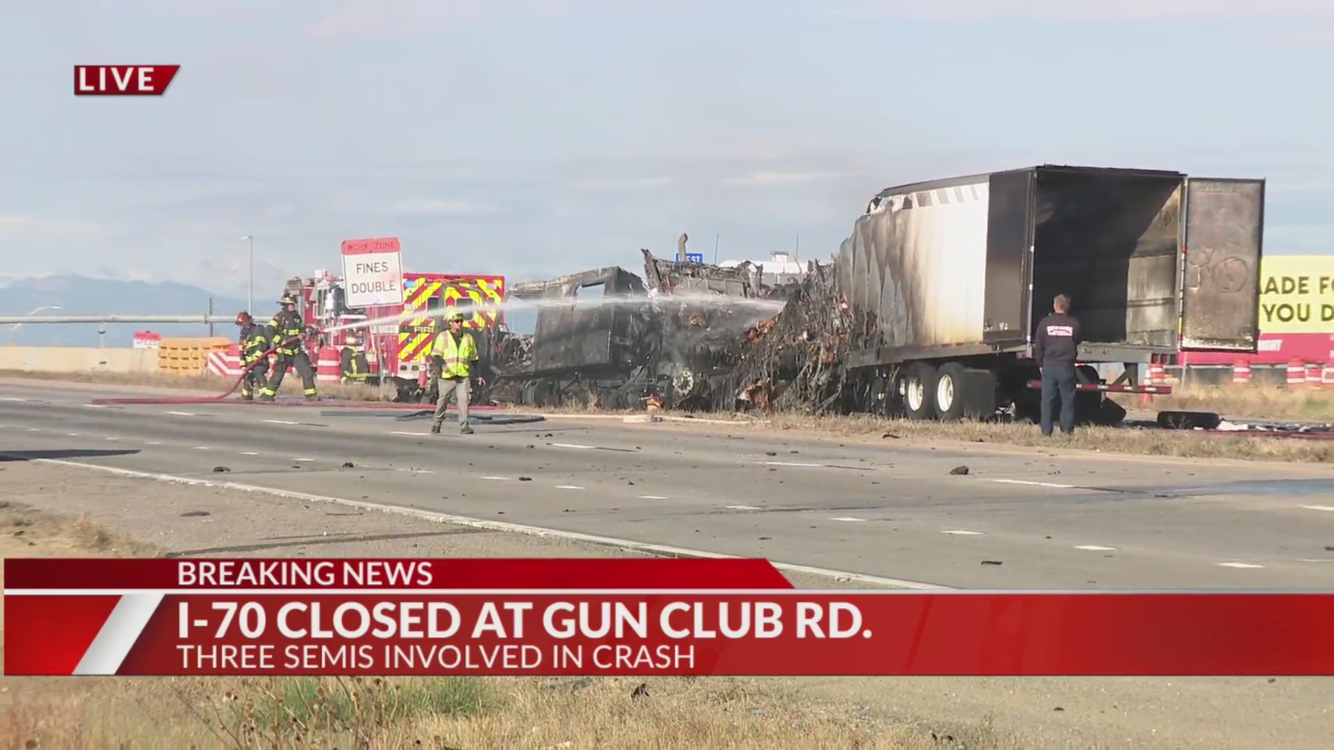 Three semi truck crash causes fire, closes I-70 near East Colfax Avenue