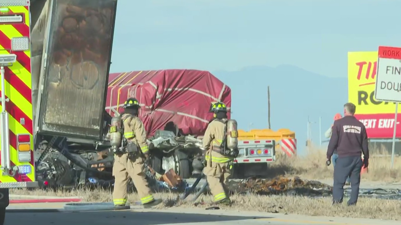 Fiery crash involving semis shuts down I-70 near E-470 interchange