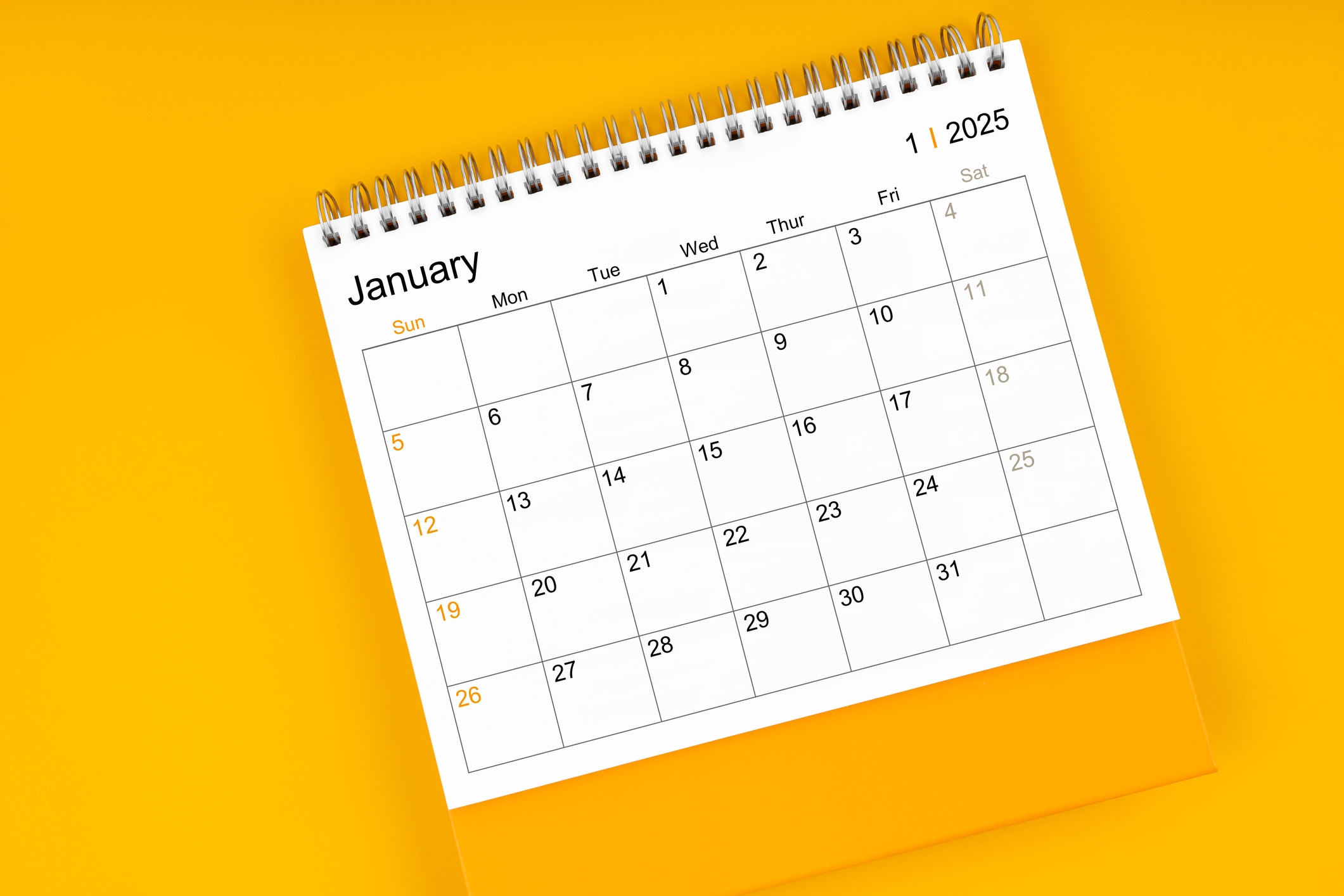 Calendar page for January 2025, showing dates from Sunday to Saturday