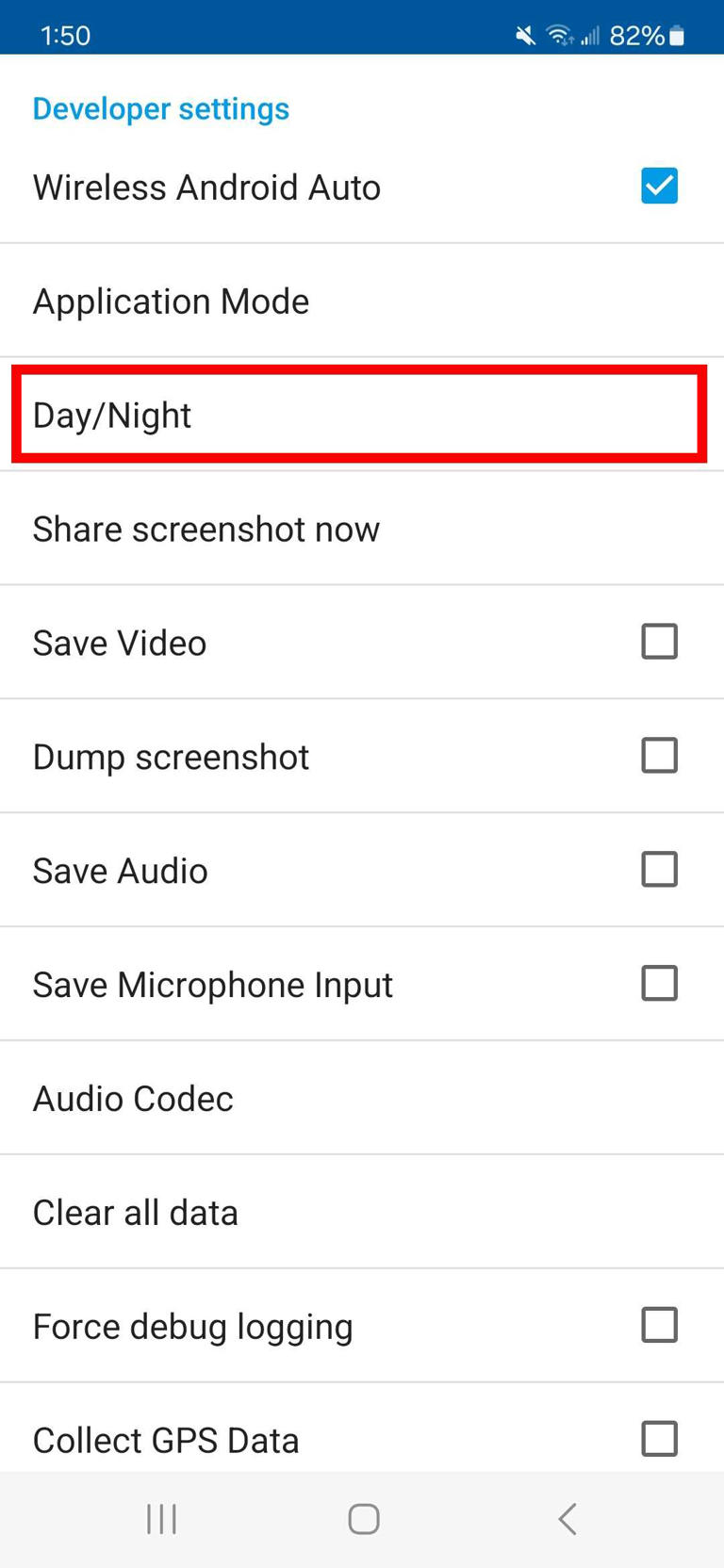 red rectangle outline over day/night option in developer settings