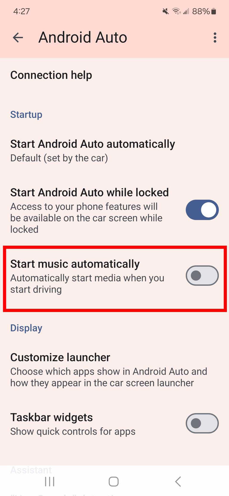 red rectangle outline over start music automatically toggle in android auto app