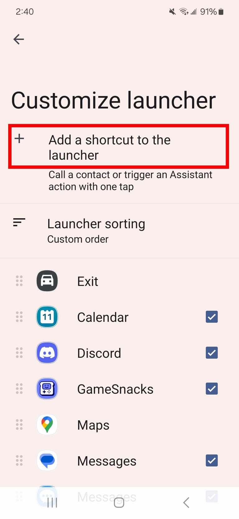 red rectangle outline over add a shortcut to the launcher option in customize launcher