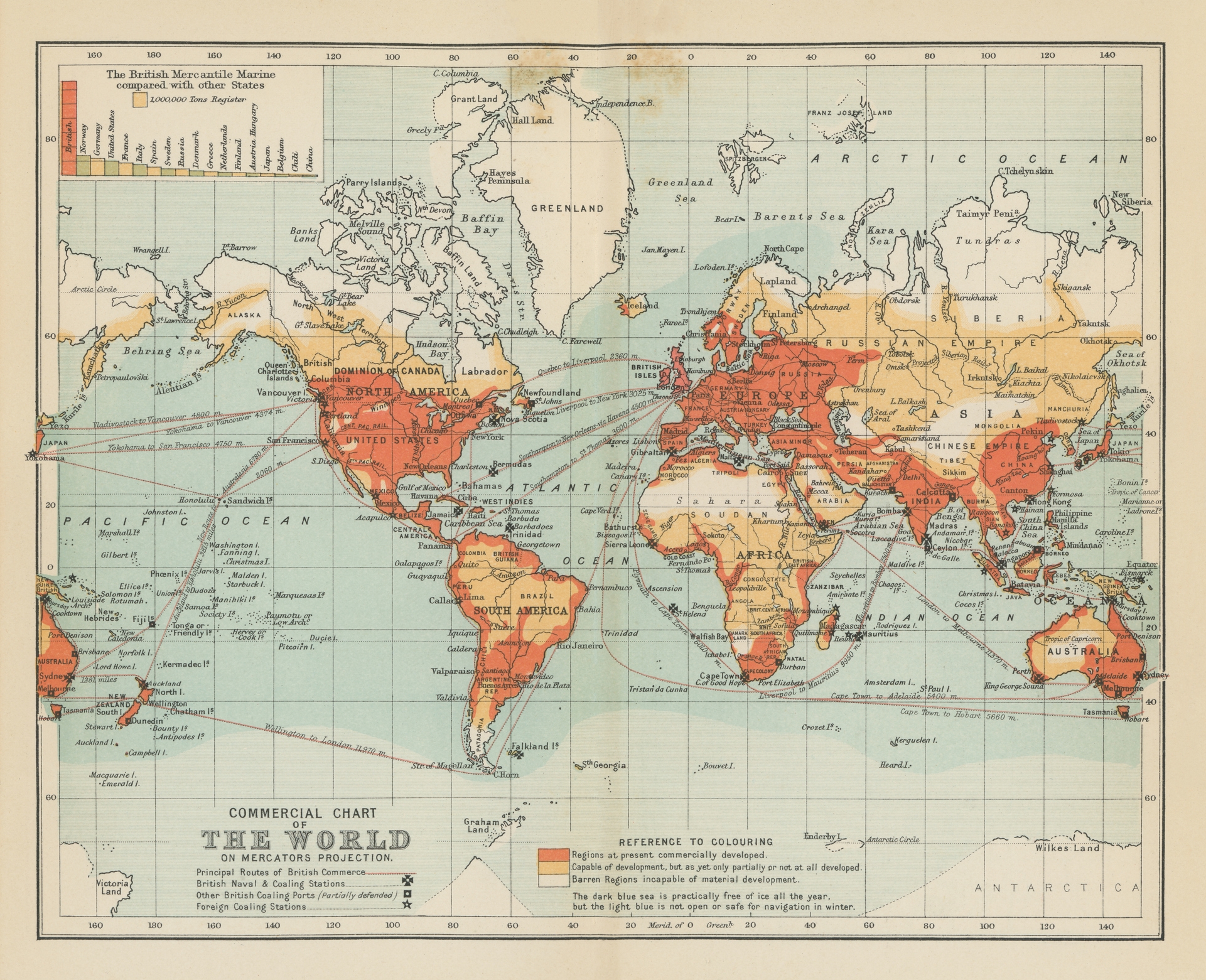 Vintage world map showing colonial trade routes and territories. The map highlights Europe, Africa, Asia, and the Americas with labeled regions