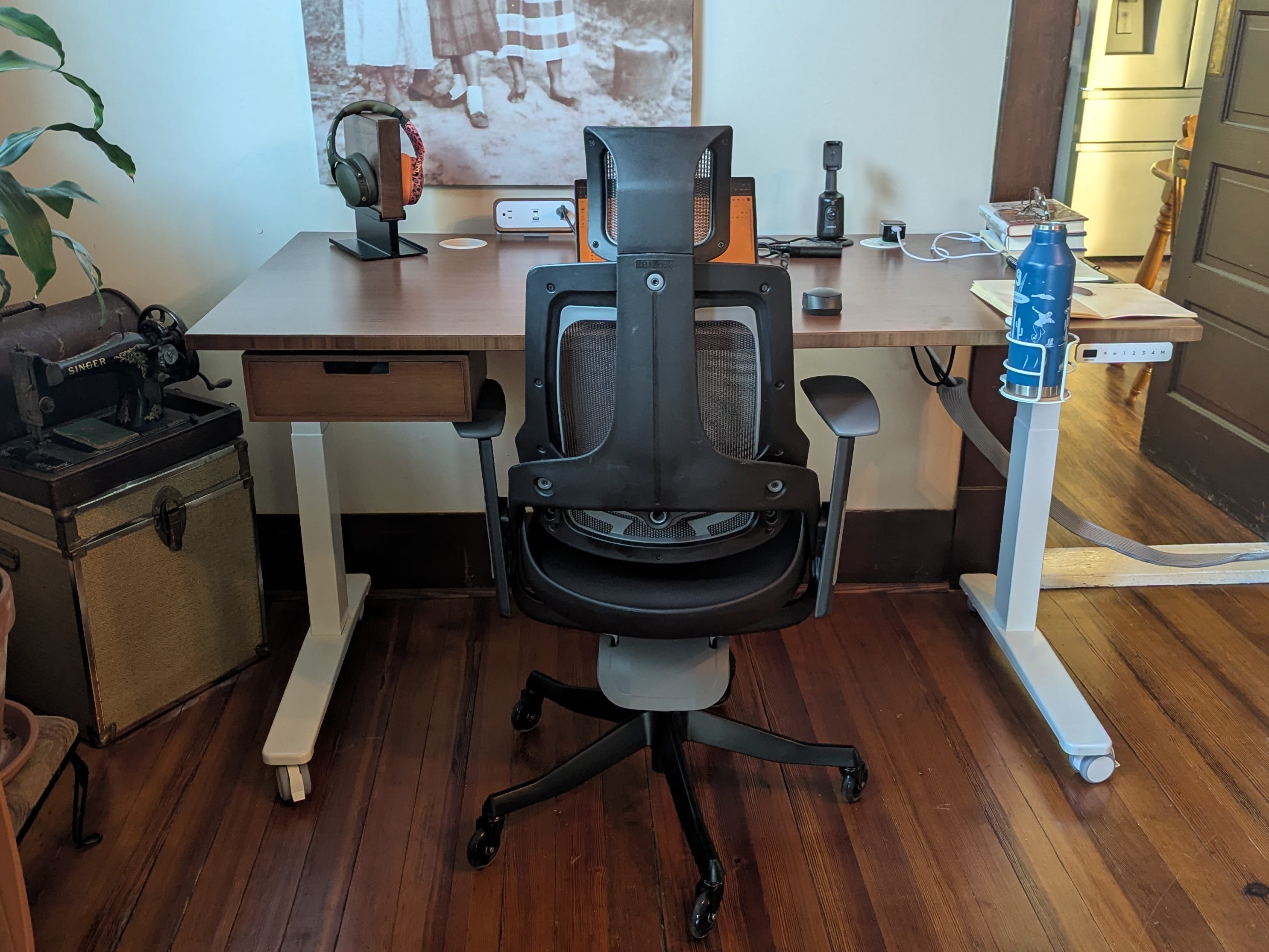 a work-from-home office station with a chair