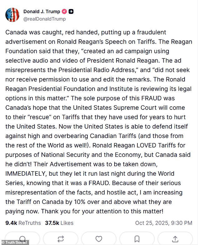Canada Prime Minister Mark Carney APOLOGISES to Donald Trump over TV ad ...