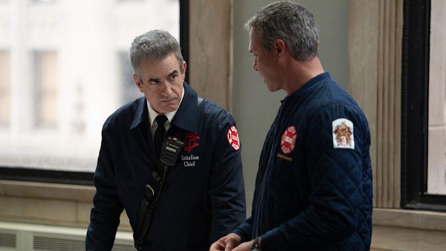 CHICAGO FIRE -- "Broken Things" Episode 1406 -- Pictured: (l-r) Dermot Mulroney as Dom Pascal, Taylor Kinny as Kelly Severide -- (Photo by: Peter Gordon/NBC)