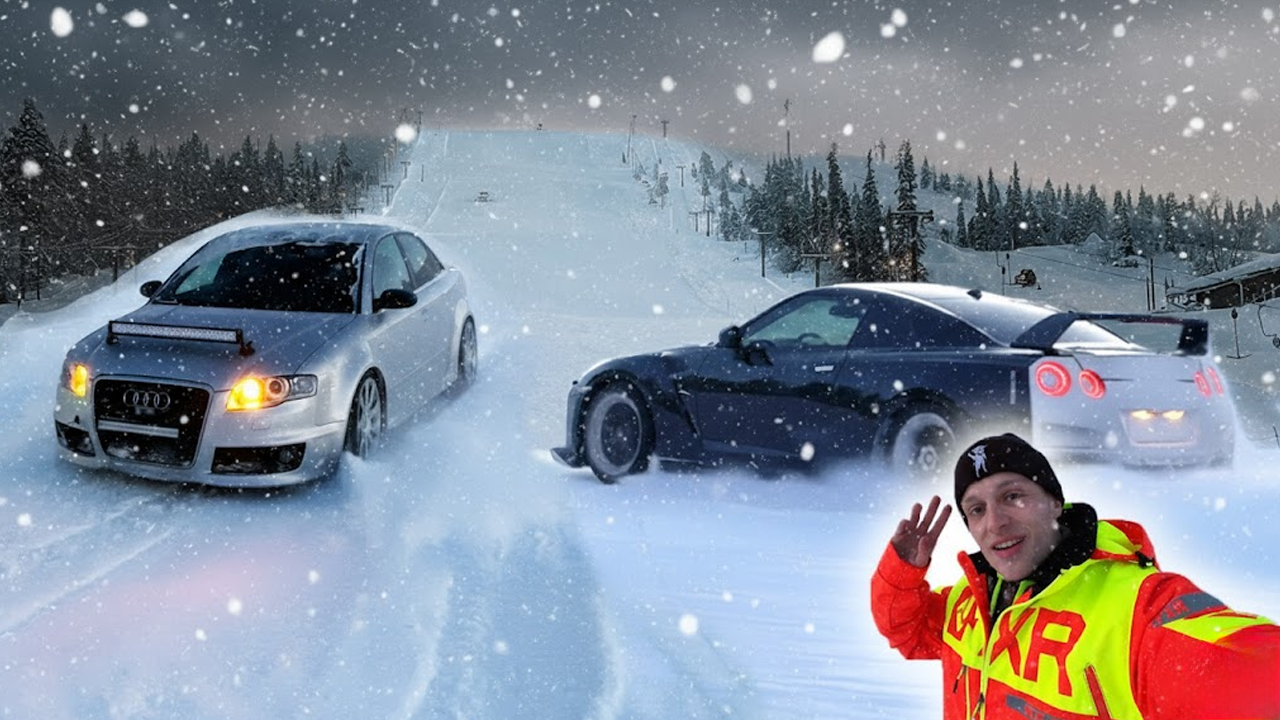 Nissan GTR, Evo 9 & Audi RS4 – Drifting Up a Ski Slope