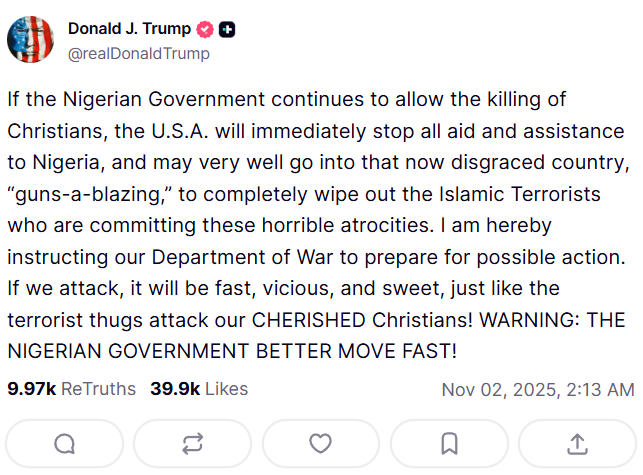 Trump Threatens 'Fast, Vicious' Military Action Against Nigeria Over ...