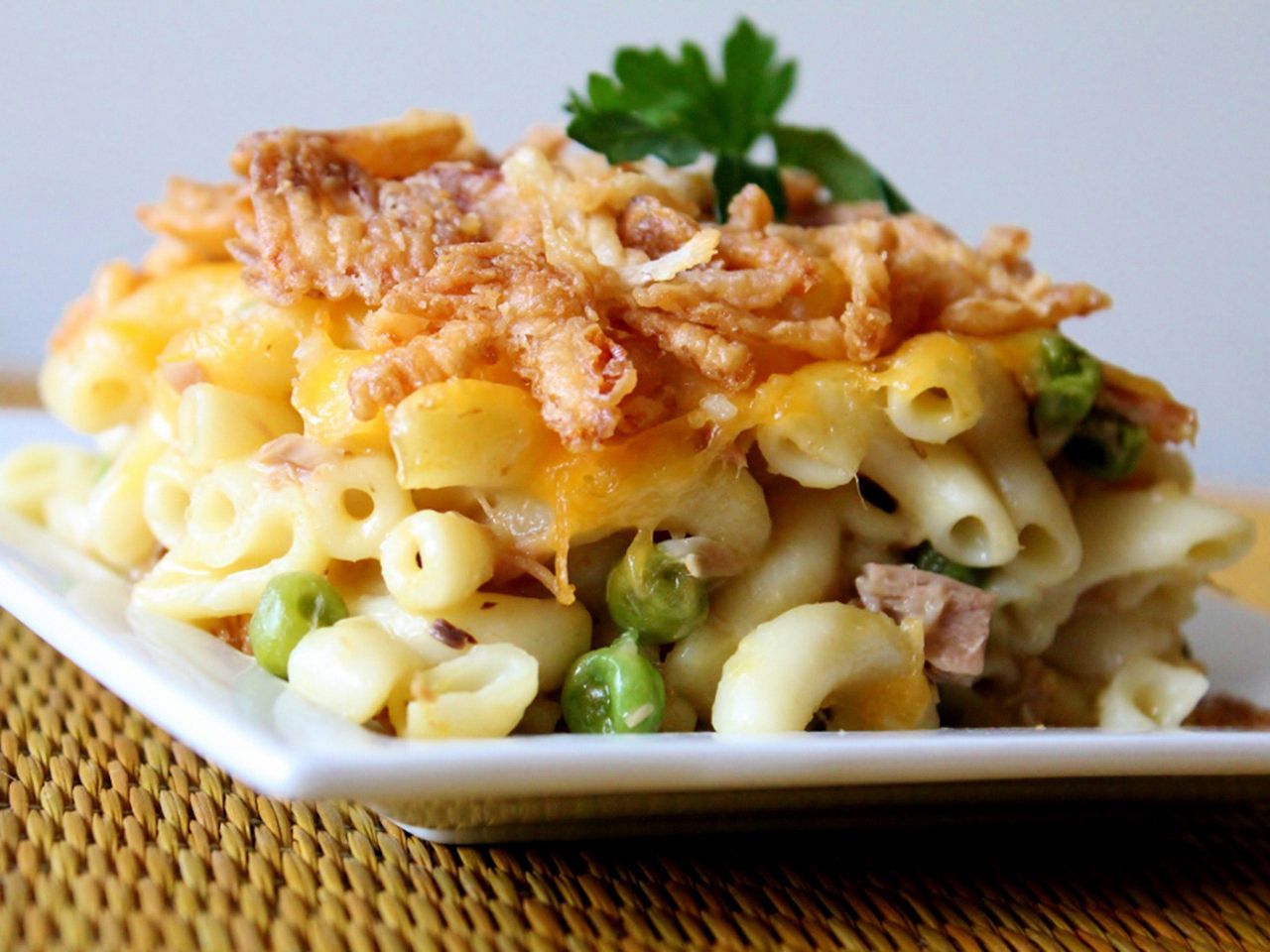 serving of easy tuna casserole on white square plate