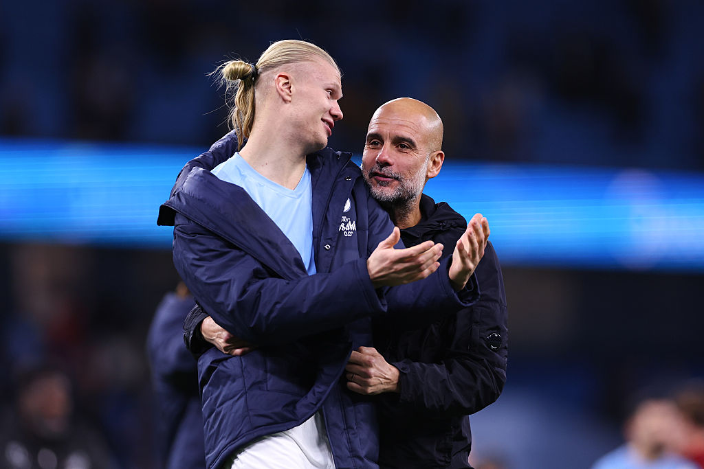 Pep Guardiola and Erling Haaland celebrated Manchester City’s latest win on Sunday (Picture: Getty Images)