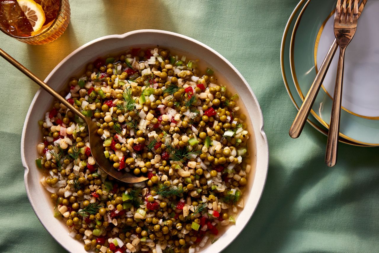 Southern Living Nana’s Marinated Pea Salad in a bowl ready to serve