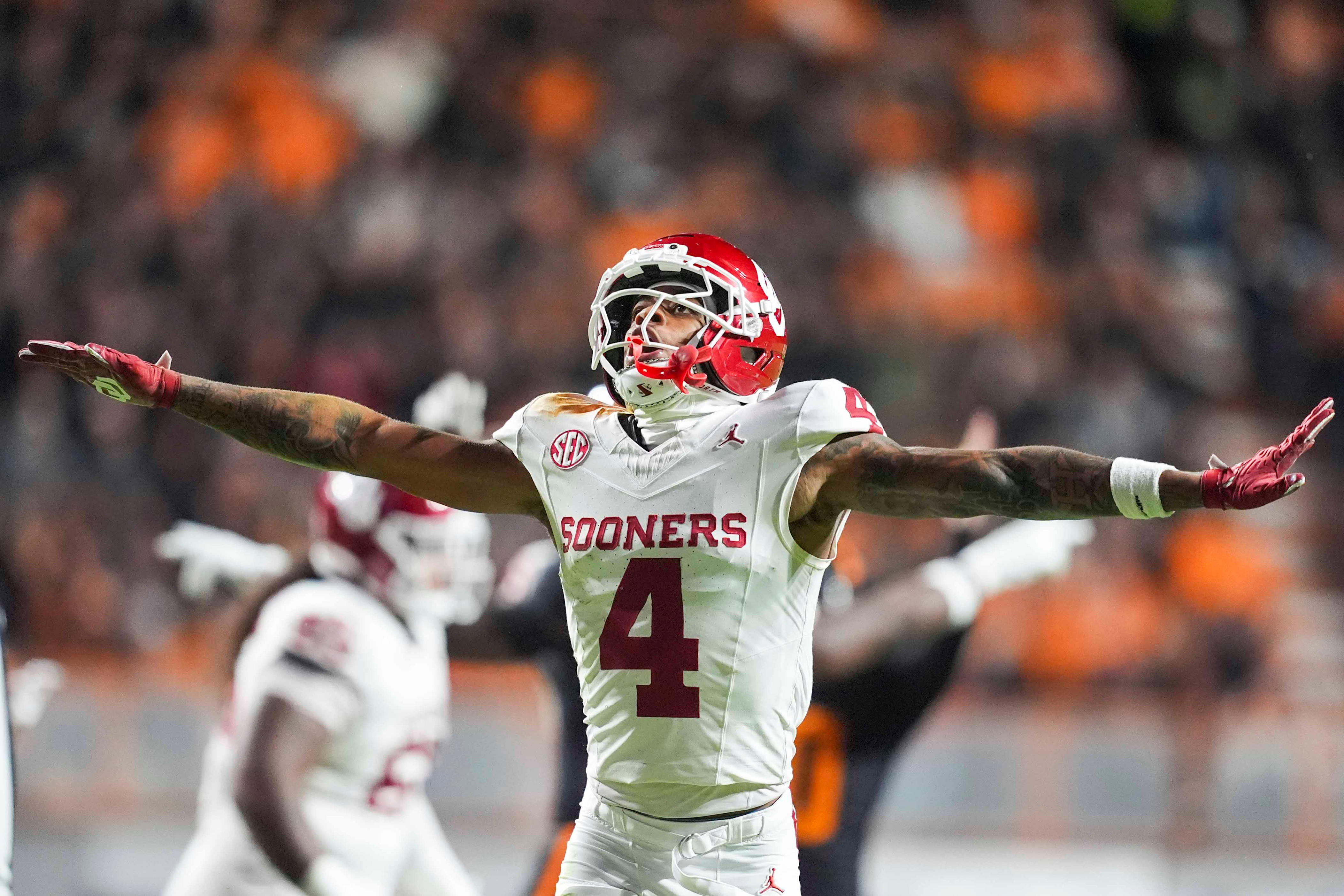 Oklahoma defensive back Courtland Guillory (4) gestures in celebration after Tennessee place kicker Max Gilbert (90) misses the field goal during a NCAA football game between the Tennessee Volunteers and Oklahoma Sooners at Neyland Stadium in Knoxville, Tenn., on November 1, 2025.