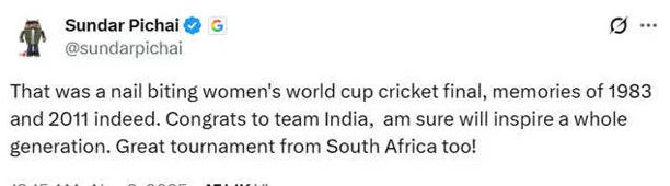 'Barriers broken, legends born': Sundar Pichai, Satya Nadella hail India's historic Women's World Cup triumph