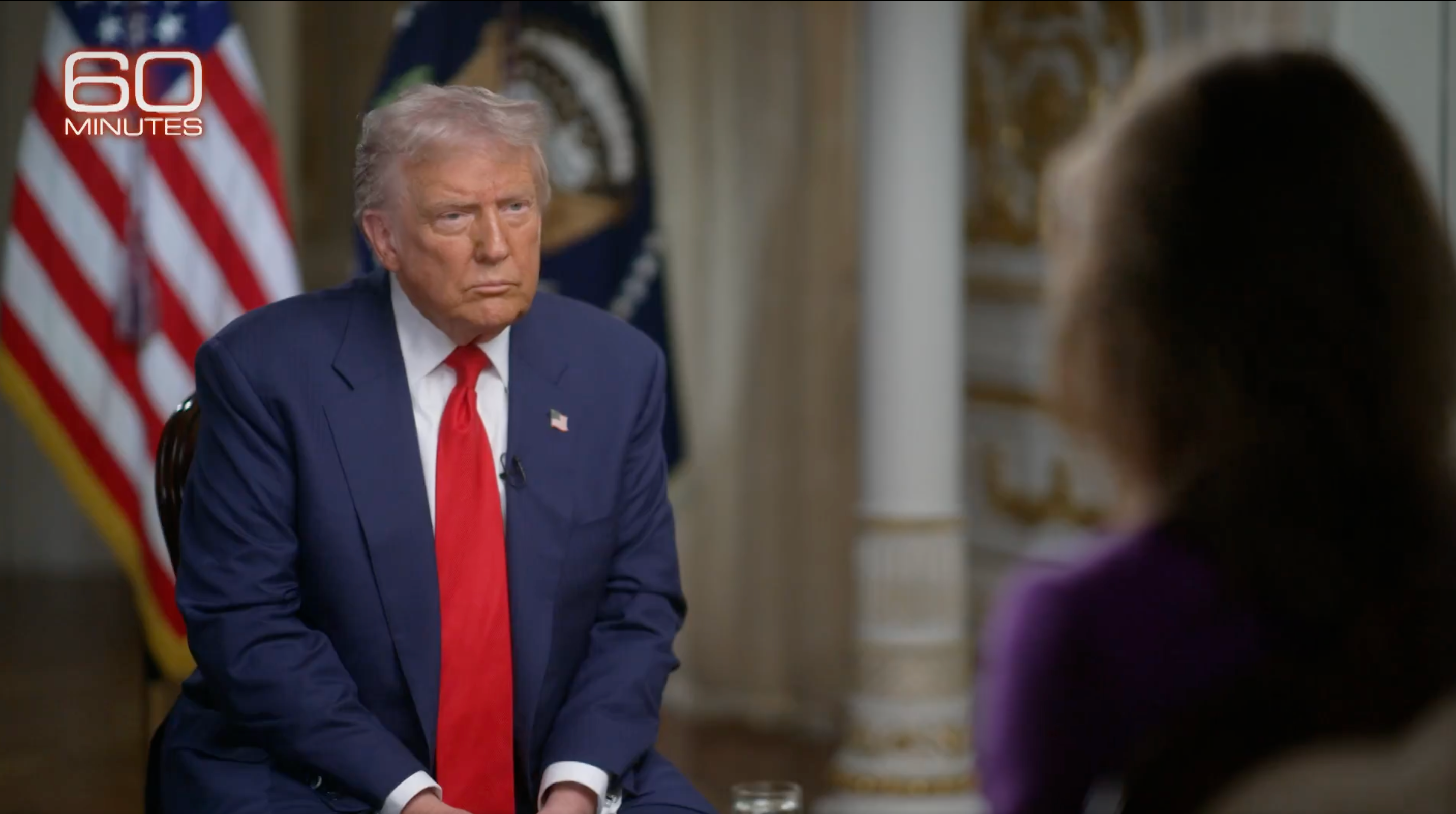 Donald Trump being interviewed by Norah O'Donnell. The president sued CBS News last year over a ‘60 Minutes’ interview with Kamala Harris, accusing the network of deceptively editing the segment to make the then-Democratic presidential nominee look better ahead of the 2024 election (60 Minutes / X)