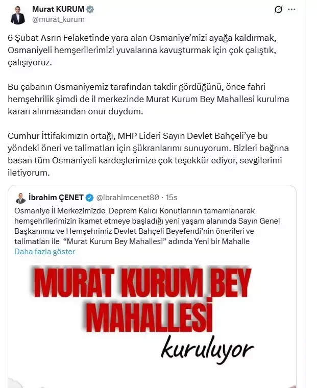 Bahçeli önerdi! AK Partili bakanın adı mahalleye veriliyor