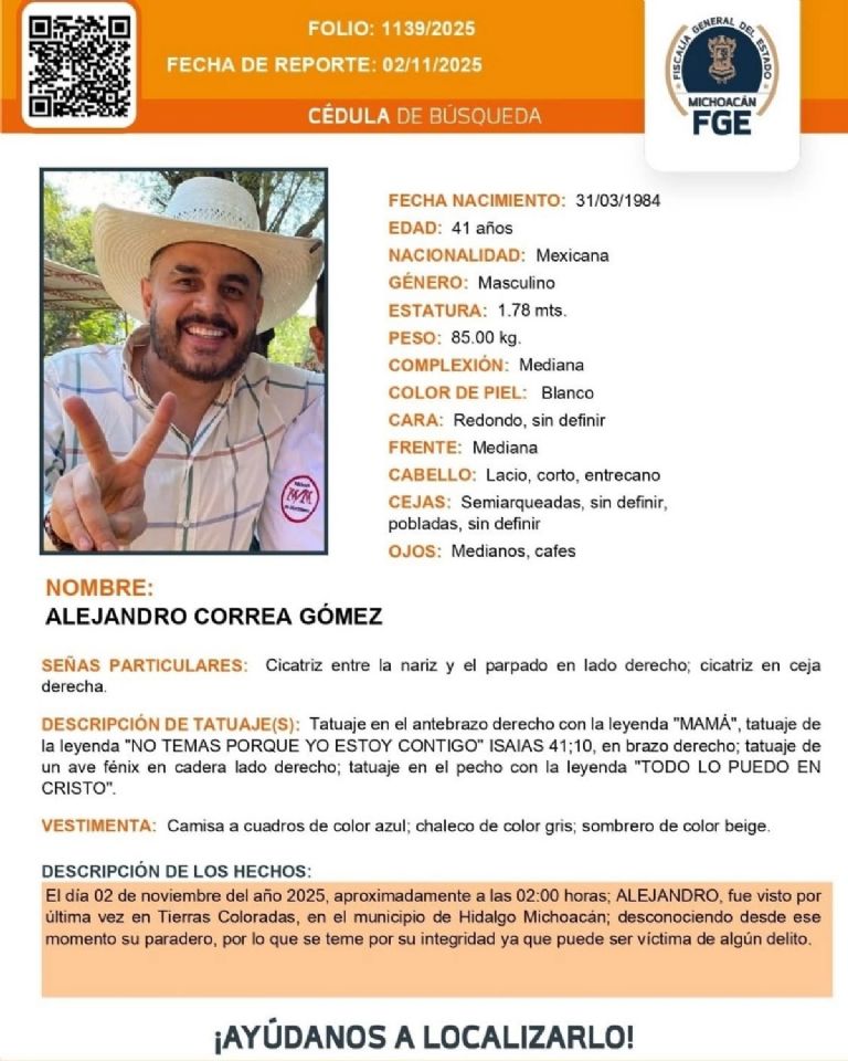 Ficha de búsqueda de Alejandro Gómez por parte de la FGE | Fiscalía General del Estado de Michoacán