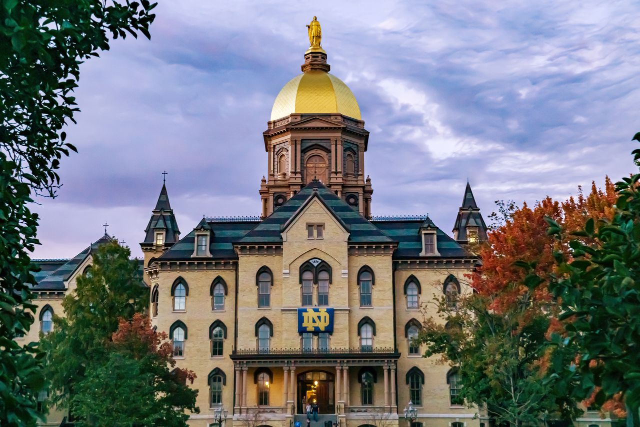 Golden Dome on the Main Building at the University of Notre Dame at Dusk