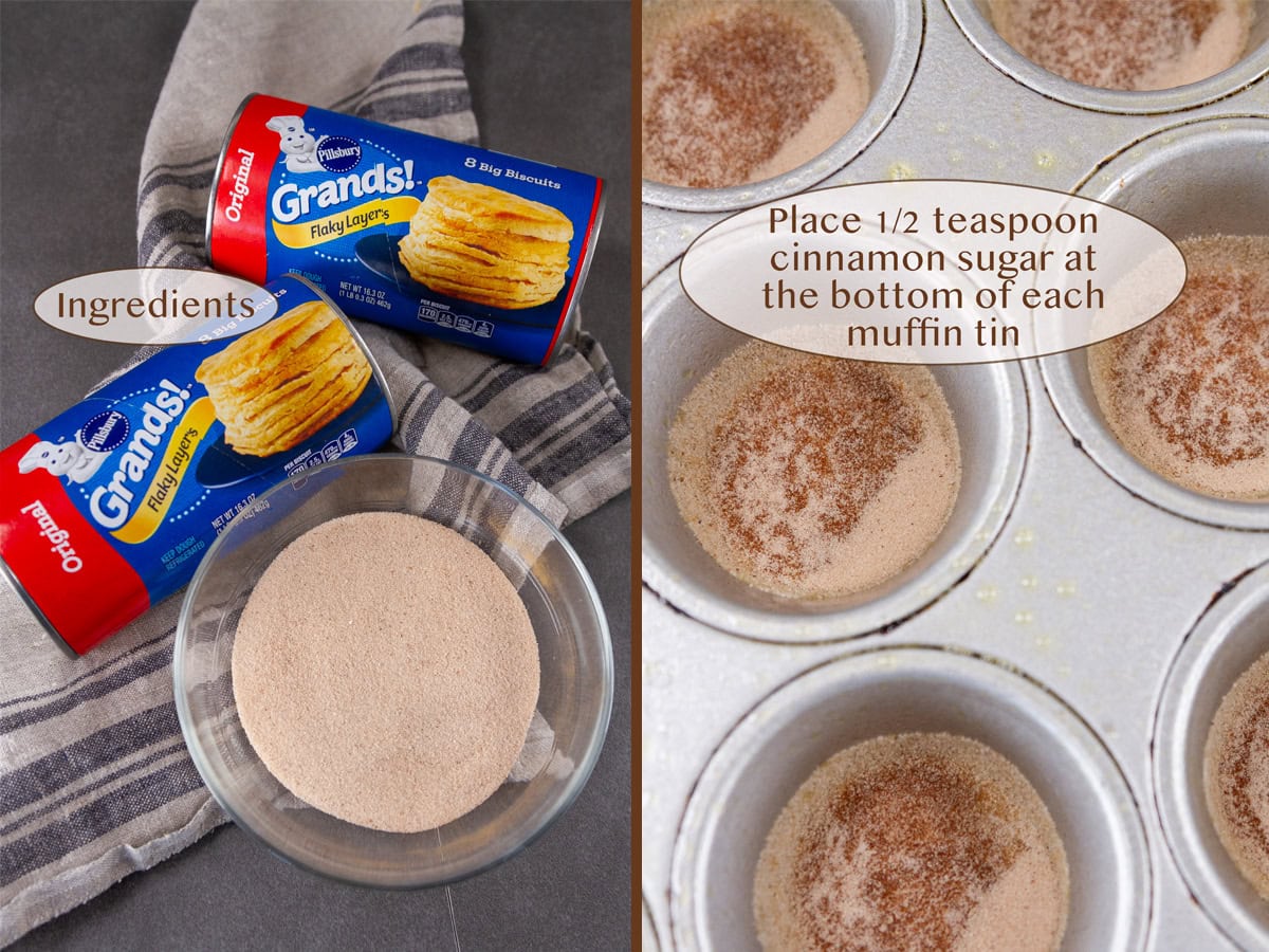 ingredients on left and cinnamon sugar inside the muffin cups on right.