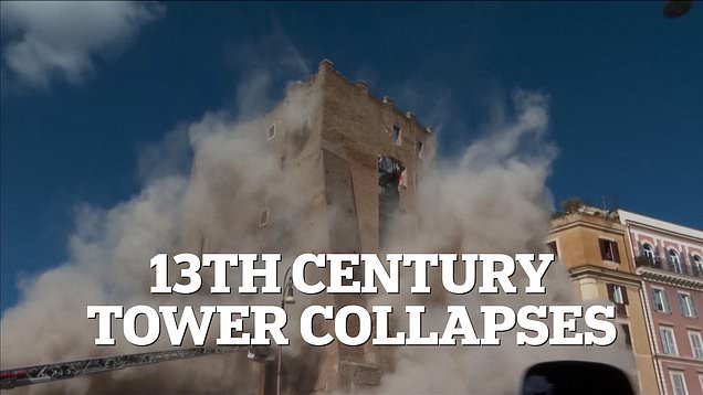 Shocking moment section of Rome's medieval Torre Dei Conti collapses