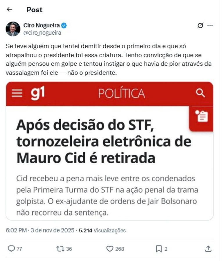Ciro Nogueira revela bastidor tenso que viveu com Cid e o ex-presidente Bolsonaro