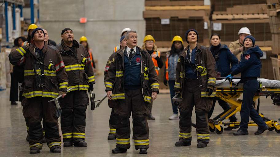 CHICAGO FIRE -- "In The Rubble" Episode 13016 -- Pictured: (l-r) Taylor Kinney as Kelly Severide, Joe Miñoso as Joe Cruz, Dermot Mulroney as Chief Dom, Miranda Rae Mayo as Stella Kidd, Jocelyn Hudon as Lizzy Novak -- (Photo by: Peter Gordon/NBC) | Credit: Peter Gordon/NBC