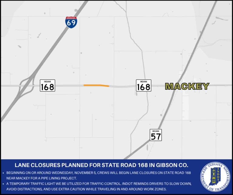 Lane closure planned for State Road 168 in Gibson County