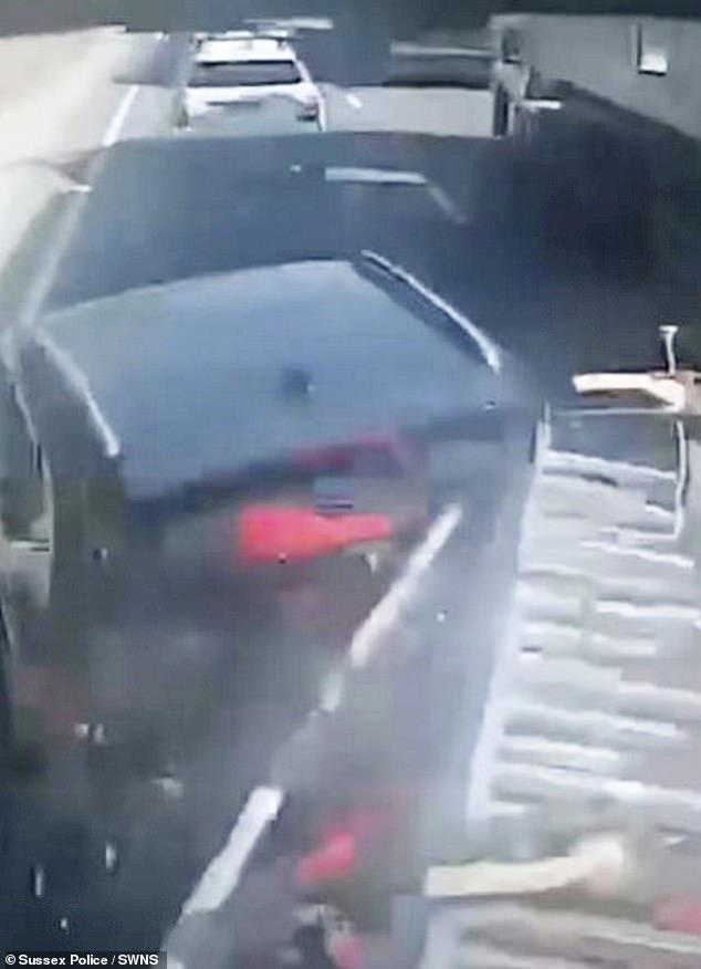Moment oblivious lorry driver crashes into stationary cars and van at 50mph