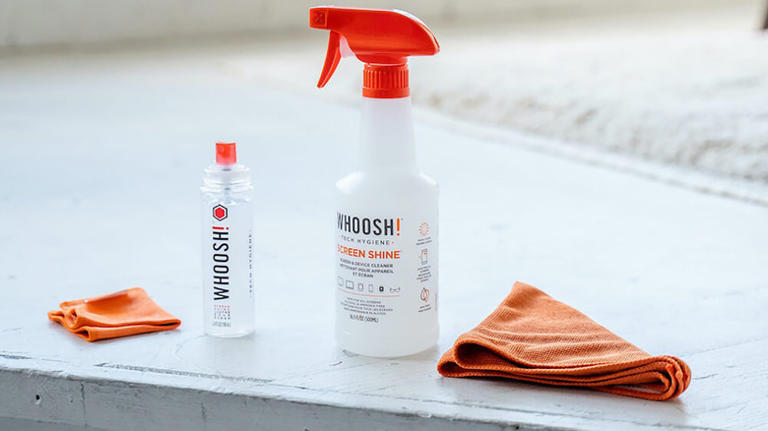 Two bottles of Whoosh! screen cleaner with two microfiber cloths.