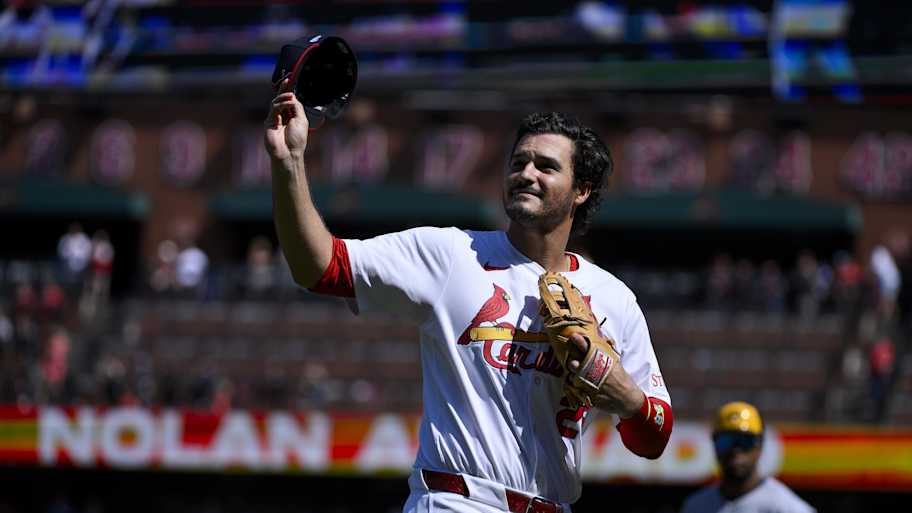 Sep 21, 2025; St. Louis, Missouri, USA; St. Louis Cardinals third baseman Nolan Arenado (28) salutes the fans after he was ceremonially removed before the start of the first inning against the Milwaukee Brewers at Busch Stadium. Mandatory Credit: Jeff Curry-Imagn Images | Jeff Curry-Imagn Images