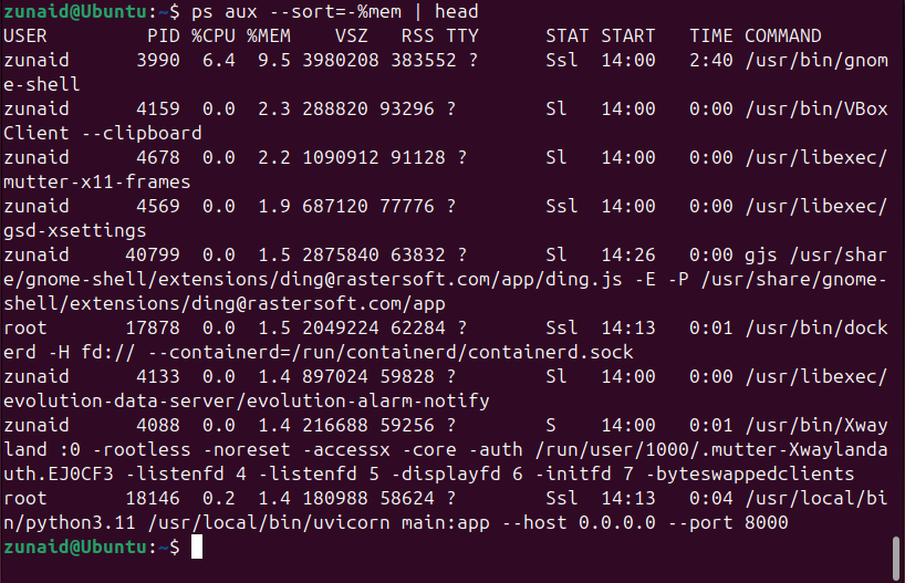 Listing and sorting Linux processes by memory usage using the ps command.