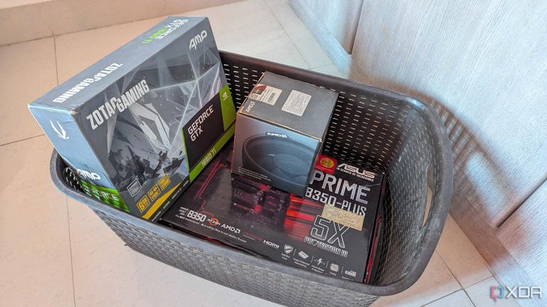 PC component boxes in a brown basket on the floor